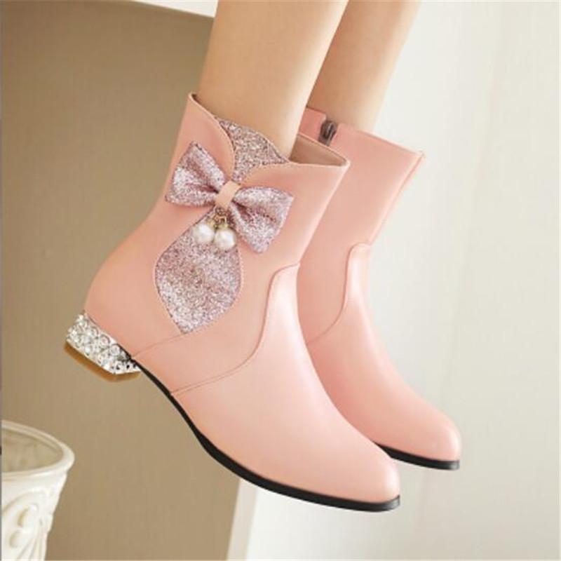 Autumn Winter Girls Boots New Style Sweet Bow Zipper Mid Boots High Heel Women's Boots Pink Lolita Student Boots Plus Size 28-43