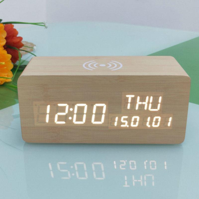 Electronic Wireless Charging Wood Clock Mobile Phone Wireless Fast Charging Electronic Digital Alarm Clock Multi Function Perpetual Calendar