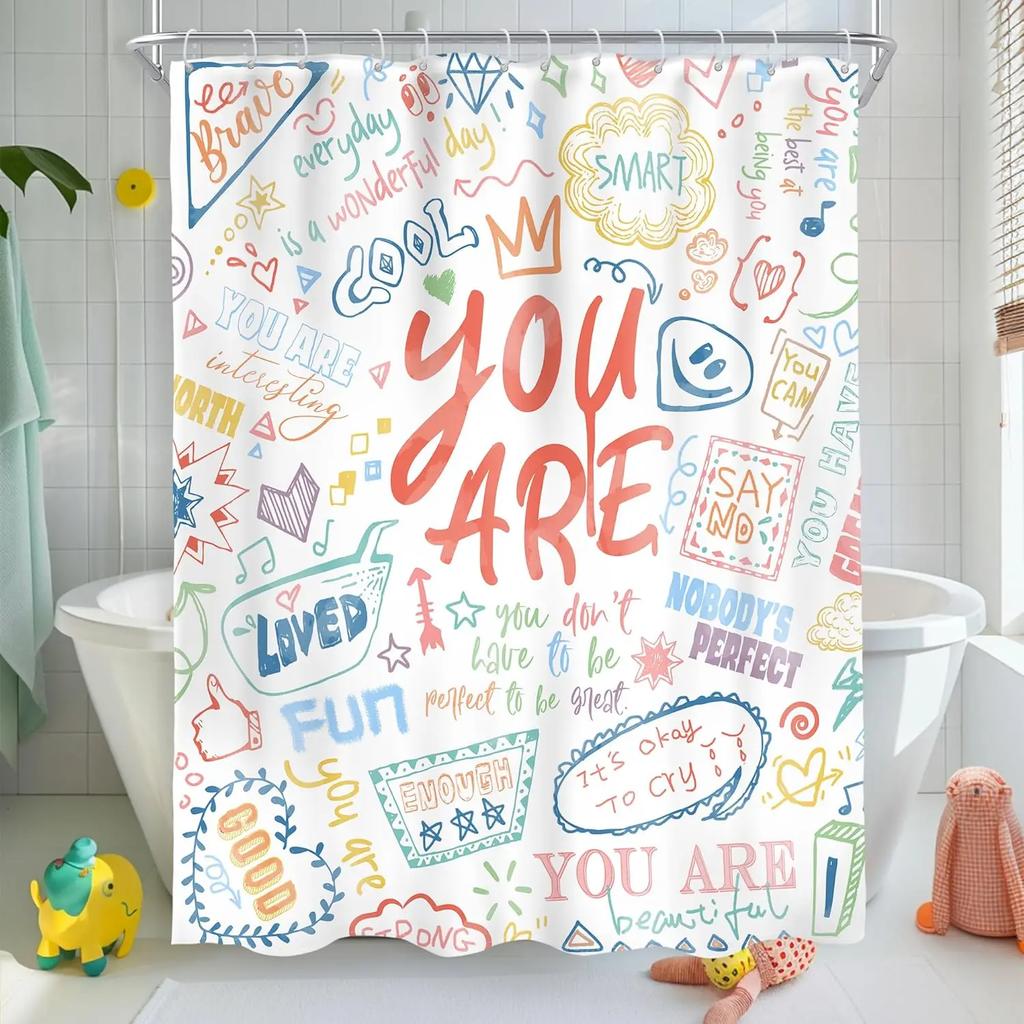 Kids Positive Quotes Shower Curtain Pink Neon Cute Funny Abstract Graffiti Girls Girly Teens You are Artwork Cloth  Waterproof