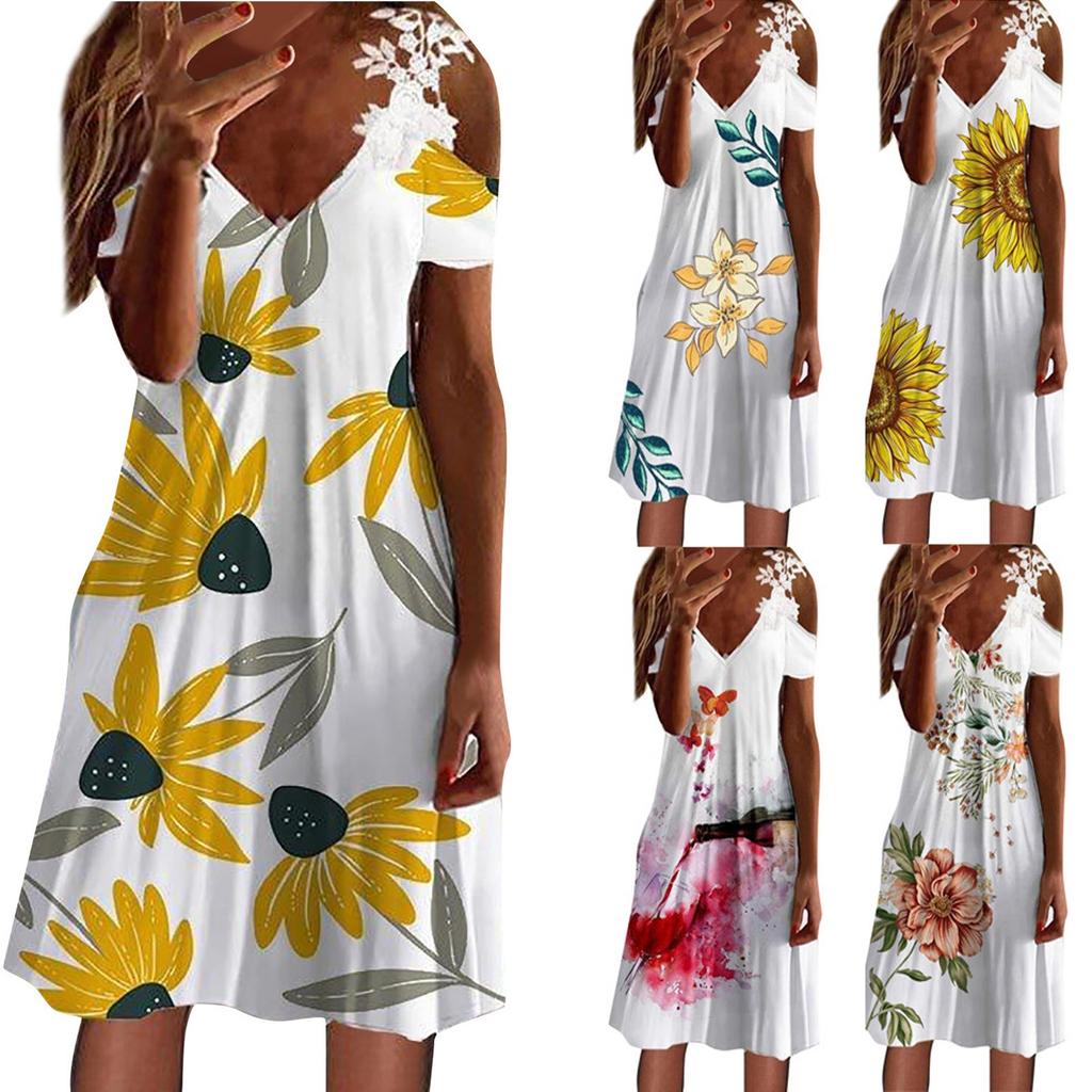 Women's Printed V-Neck Strapless Short Sleeve Spliced Lace Dress