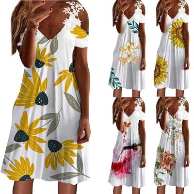 Women's Printed V-Neck Strapless Short Sleeve Spliced Lace Dress