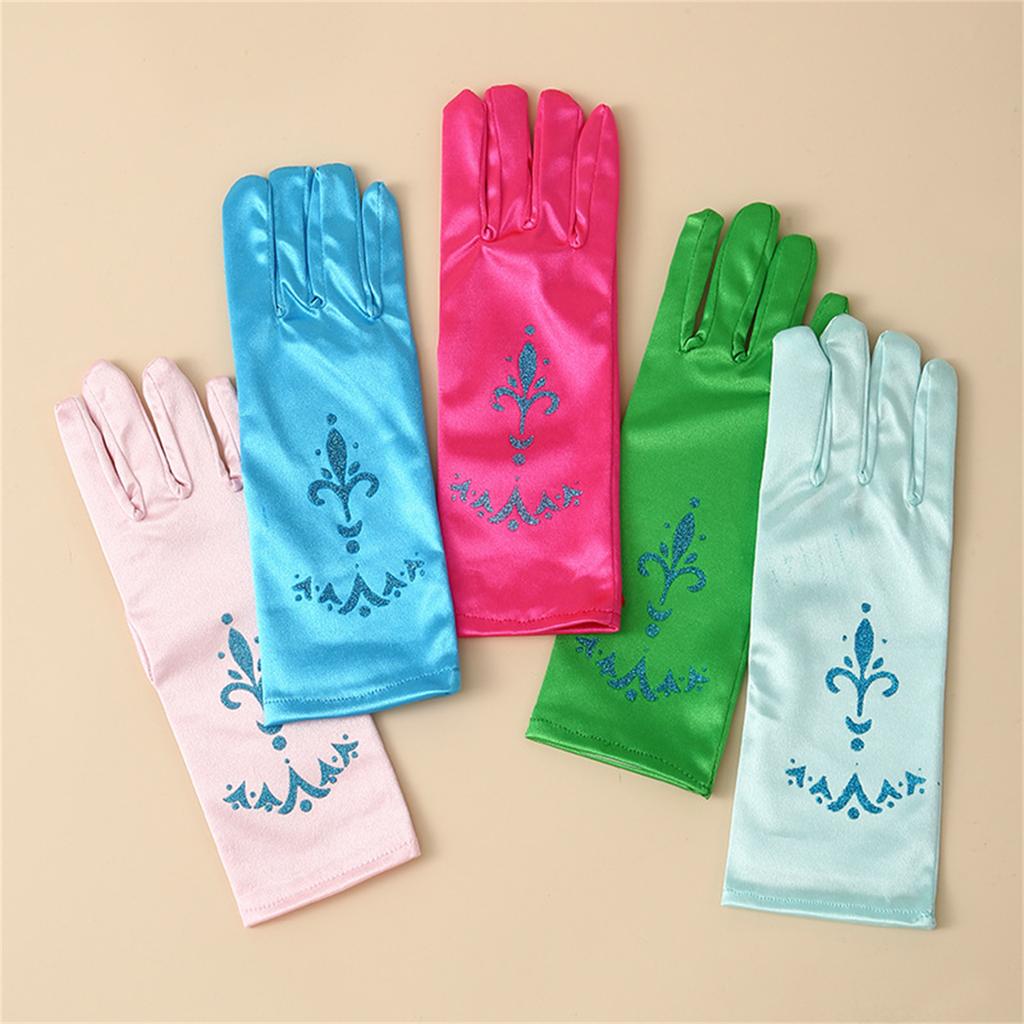 Girls Ice Princess Long Satin Gloves Sequins Print Snow Queen Dress Up Gloves Solid Color Kids Cosplay Performance Glove