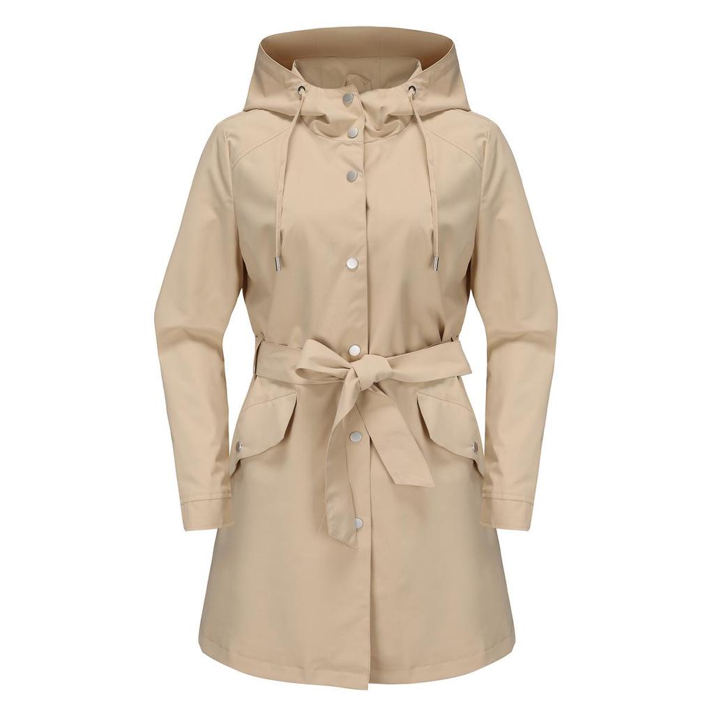 Women’s Hooded Windcheaters Polyester Waterproof Trench Coat Thin Loose Belt Button Up Windbreaker Spring Autumn Outdoor Wear Long Jackets