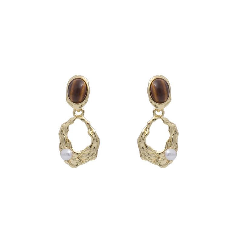 Silver Needle Tiger's Eye 925 Metal Earrings - Retro Hollow Irregular Design