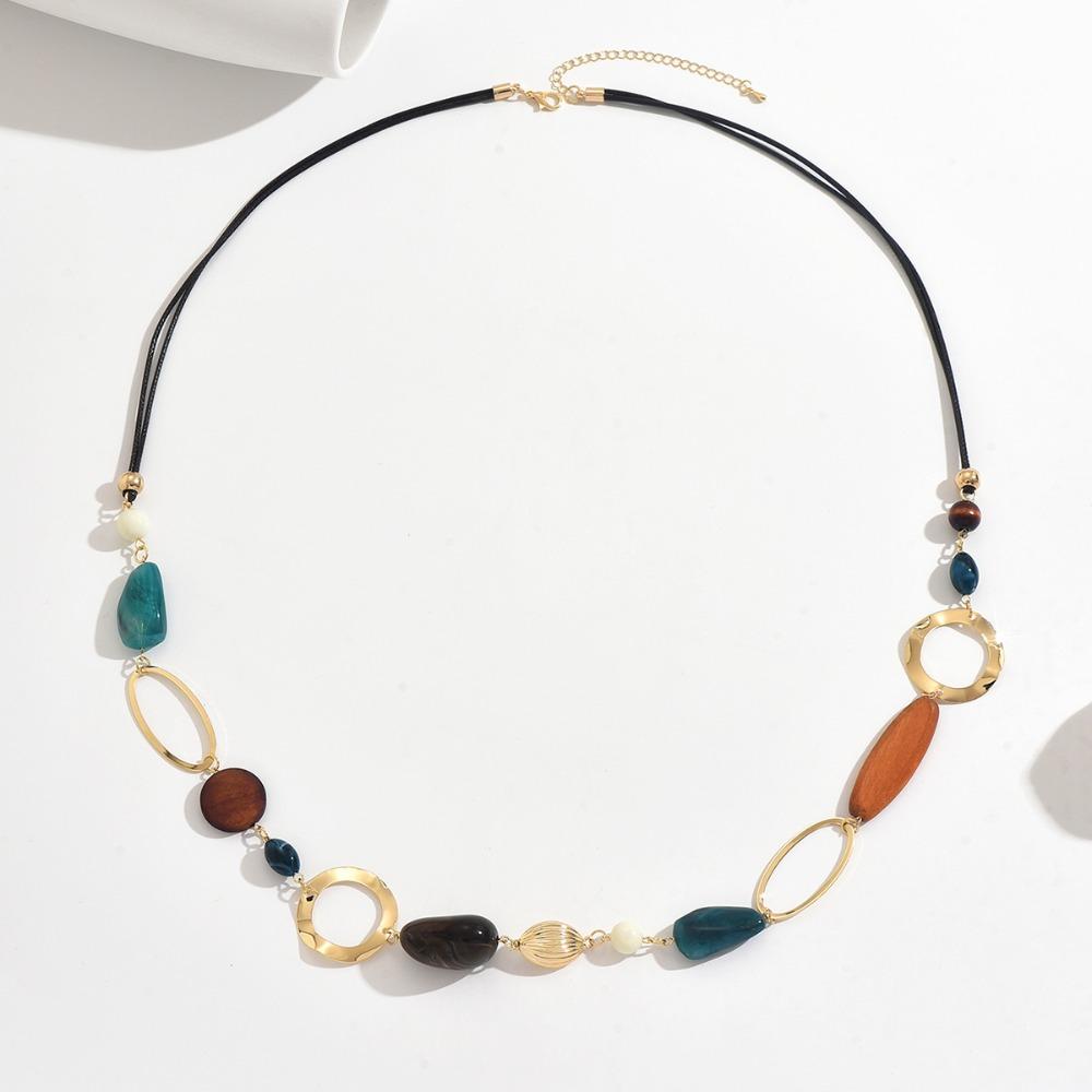Vintage Teal Hollow Ring Necklace Imitation Agate Layered Bohemian Jewelry Summer Beach 1 PC