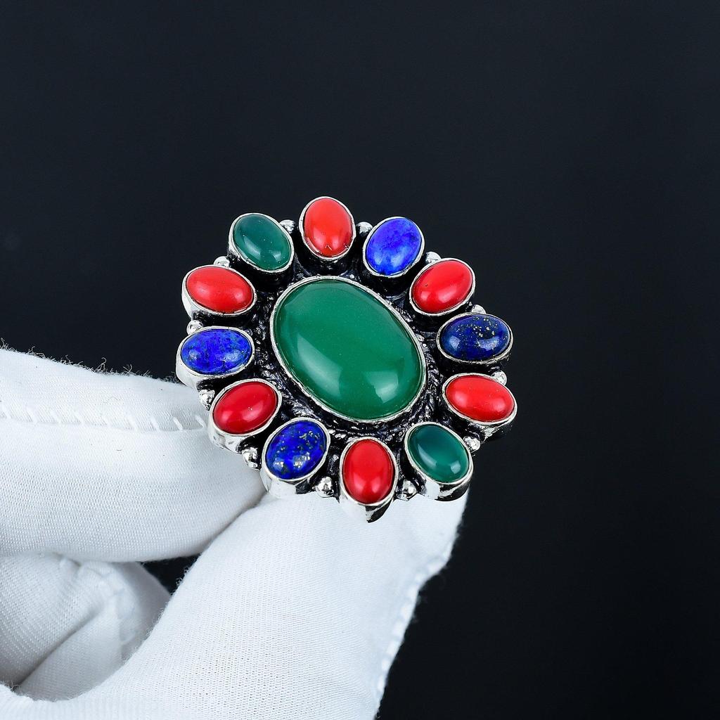 Grüner Onyx, Lapislazuli, Rote Koralle Edelsteinring, 925 Sterlingsilber Ring, Geschenk für sie, Ovaler Stein, Eleganter handgefertigter Ring, Blume Silberring