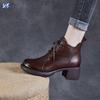 Cowhide Handmade Retro Medium Heel Short Women's Autumn New Lace-up Mother Leather Shoes Genuine Leather Martin Single