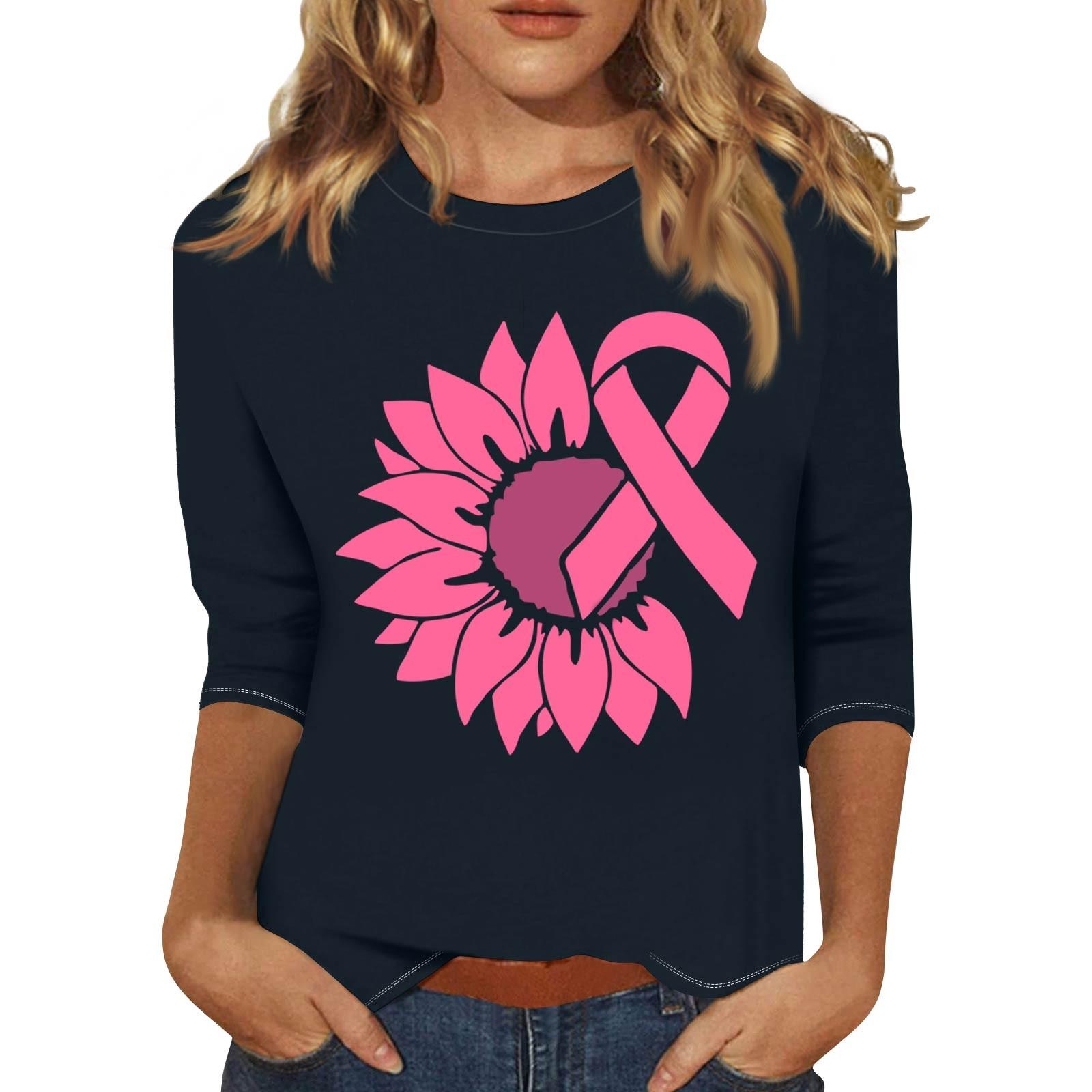 

Жіноча модна повсякденна футболка з принтом і круглим вирізом з рукавами сім чвертей S Темно-синій