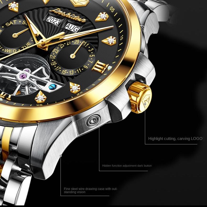 JINSHIDUN Tourbillon Automatic Mechanical Watch, Multi-functional Sports Waterproof Luminous Men's Watch