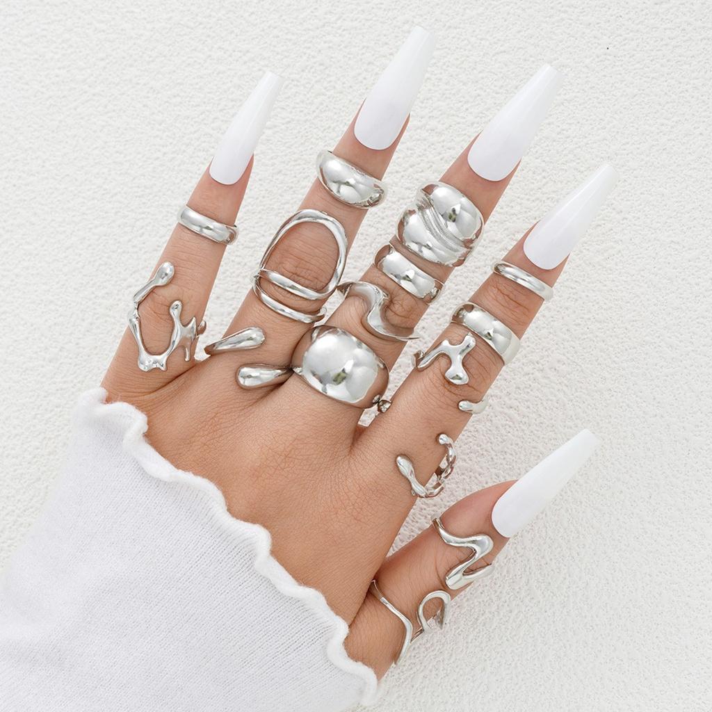iF ME Modisches Minimalistisches Elegantes Ringe Set Für Frauen Vintage Exquisit Asymmetrisch Geometrisch Flüssig Chunky Metallring Schmuck