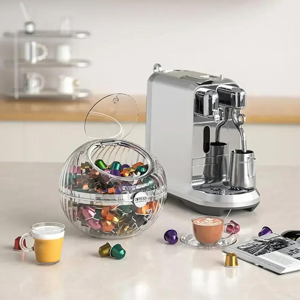 Transparent Spherical Coffee Capsules Storage Box Large Desktop Open With Capacity Decoration Lid Jar Organizer Candy Snack D5p0