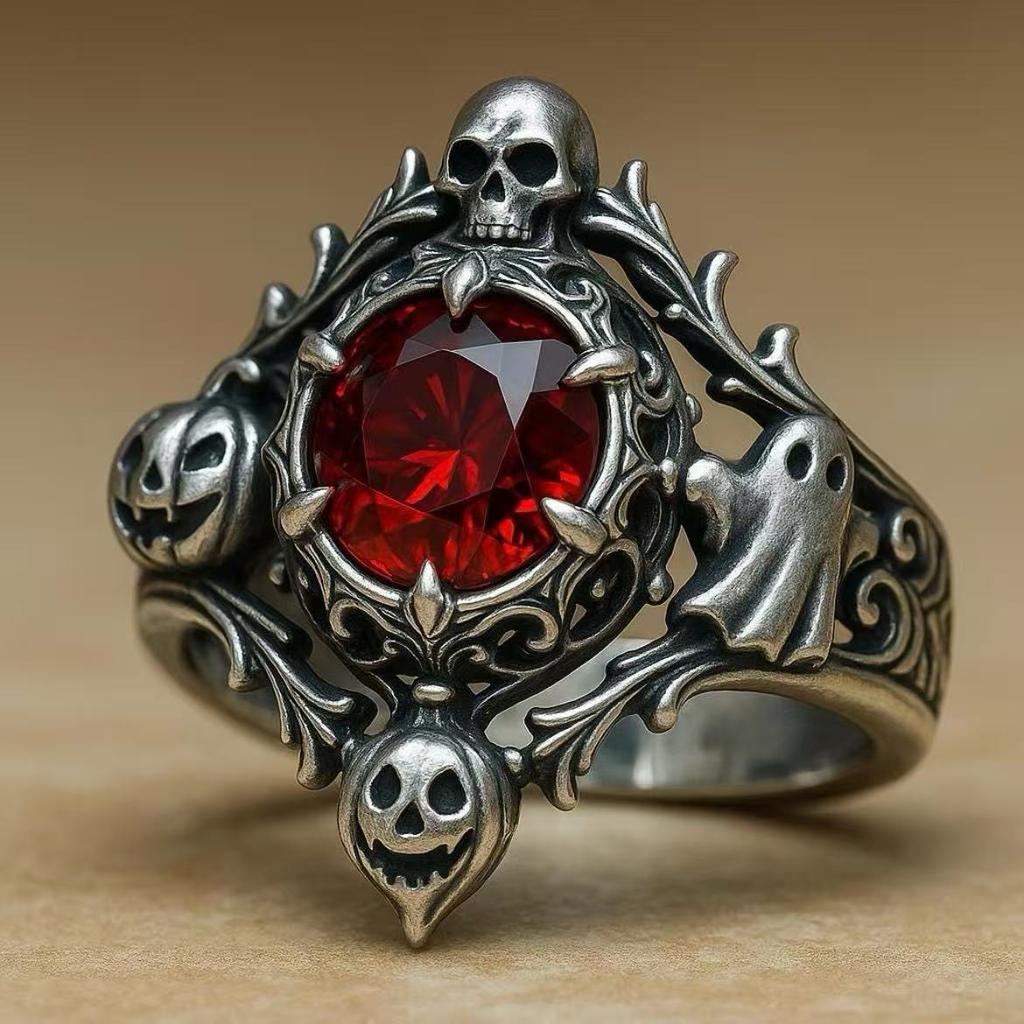 New Retro Halloween Gift Ring, European and American Style, Featuring a Gun-shaped Design with Black Accents and Ruby Embellishments, Exclusively for