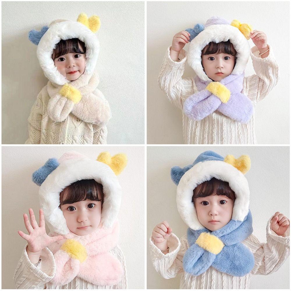 Windproof Winter Baby Hat Scarf Plush Infant Beanies Cap Cute Kids Hat Hooded Scarf