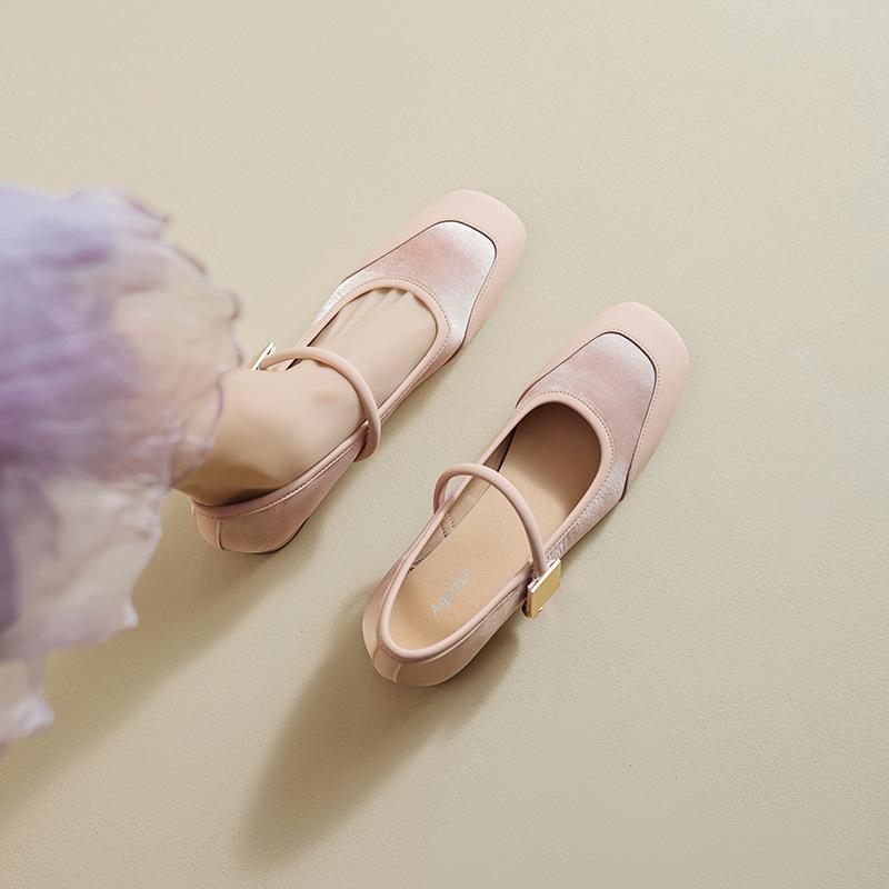 Augustine single shoes women's 2025 new summer thick heel retro square head flat bottom pink Mary Jane small leather shoes
