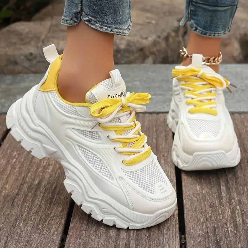 Fashion Dad Shoes Women's 2024 Spring and Autumn New Thick Bottom Mesh Casual Breathable Height Increasing Sports Shoes