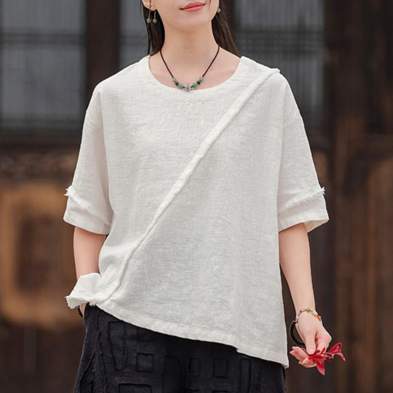 Johnature Women Vintage T-Shirts Patchwork Solid Color Summer O-Neck Short Sleeve Loose T-Shirts