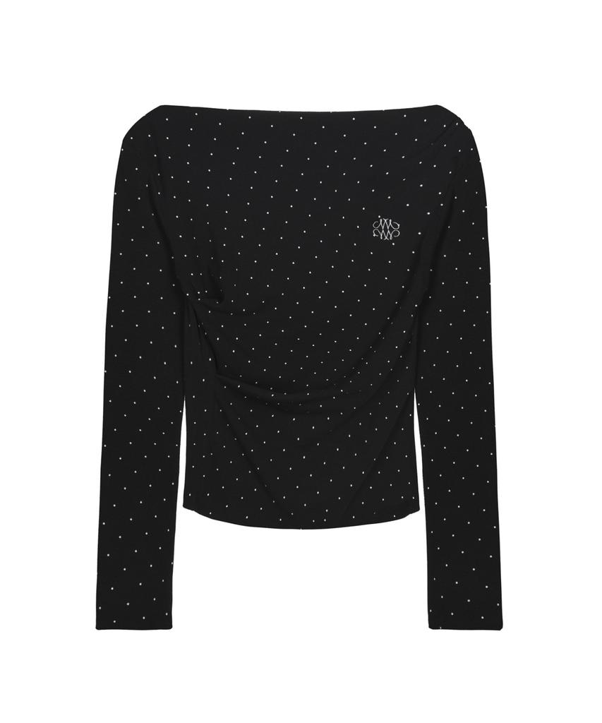 Nigaennikol Dot Shirring Drape Boat Neck Top_Black