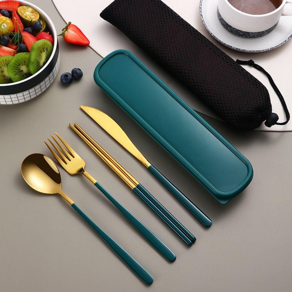 4pcs/Set 304 Stainless Steel Tableware Set with Case Bag Chopsticks Spoon Fork Knife  Camping
