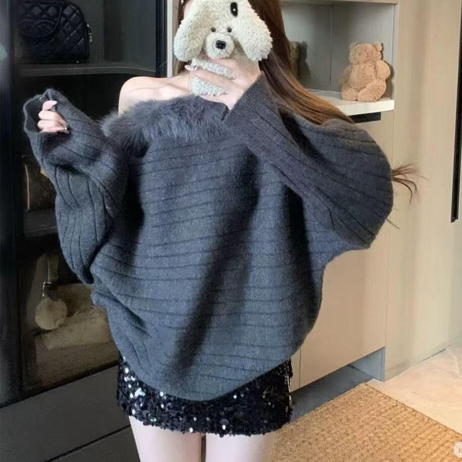 Elegant Long-Sleeve Ribbed Knit Sweater - Retro, Loose-Fit for Autumn/Winter