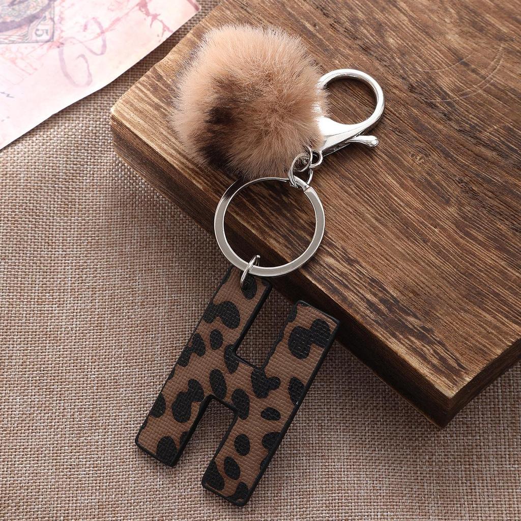 Western Cowboy Leopard Print Leather Keychain with Acrylic Letter and Plush Ball Accessories