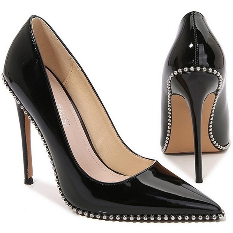 Women Metal Bead Rimmed High Thin Heel Shoes Pointed Toe Stiletto Pumps for Office Nightclub Party Wedding Host Model Influencer
