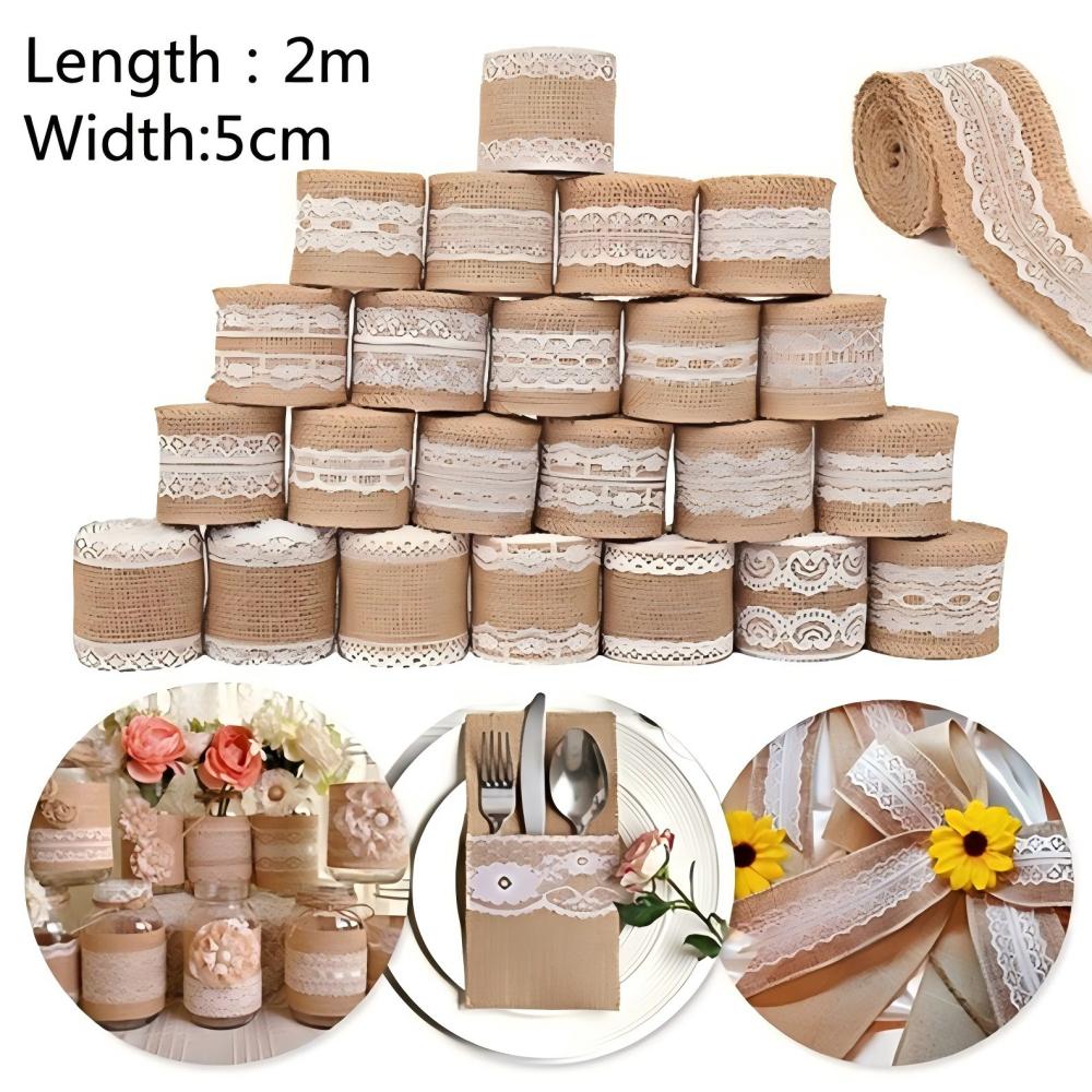 1 Rol 2M×5cm Natuurlijk Jute Linnen Lint, Rustiek Vintage Linnen Kantrand voor Bruiloftsdecoratie, Kerstfeest & Knutselbenodigdheden