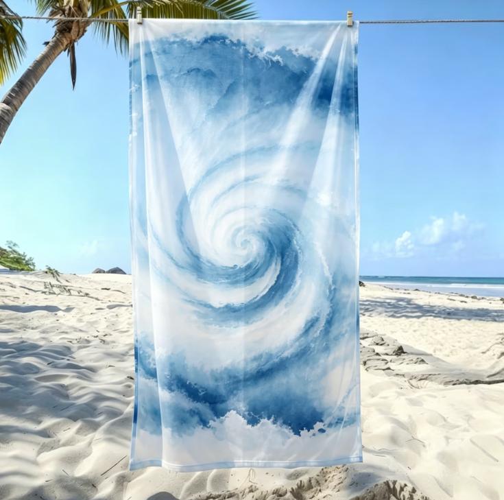 Large Microfiber Beach Towel, Blue & White Ocean Wave Swirl Print, Sand Free & Quick Dry, for Coastal Themed Summer Beach Use
