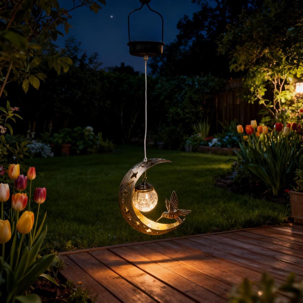 Solar-powered Moon-shaped Lantern with Hummingbird and Glass Ball Decorations, Suitable for Outdoor Garden and Patio Decorations