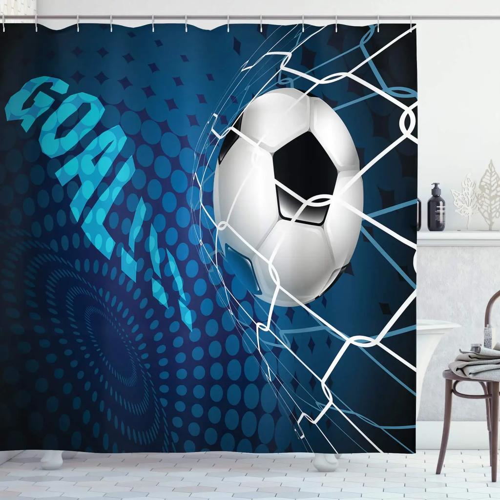 Abstract Football Pattern Shower Curtain Sport Theme Soccer Black and White Colors Waterproof Polyester Bath Curtain with Hooks