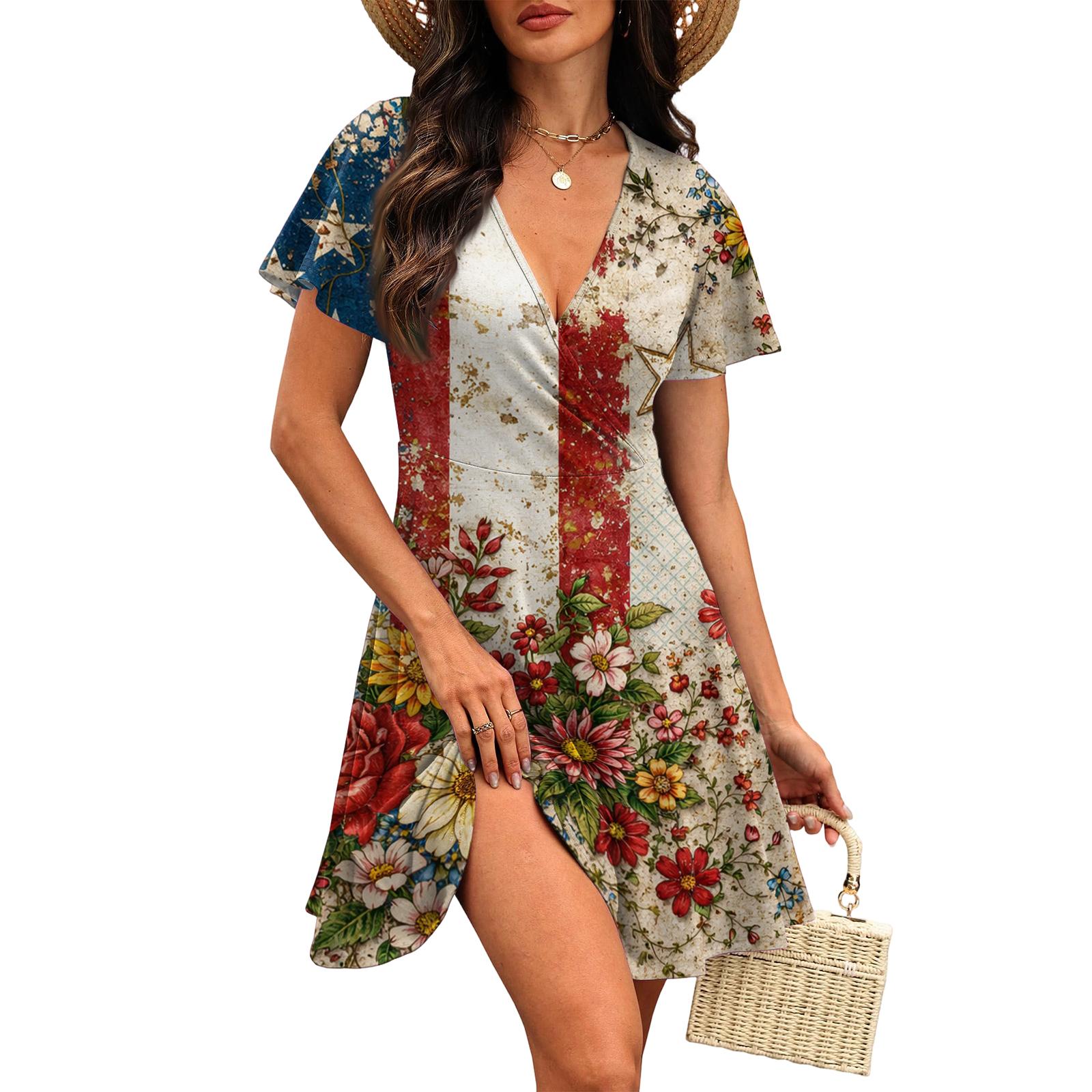 

Women’s Short Sleeve V Neck 4th of july dresses Floral Print Flag Pattern Independence Day dress Casual Loose Fit Summer Dress XL кавун червоний колір