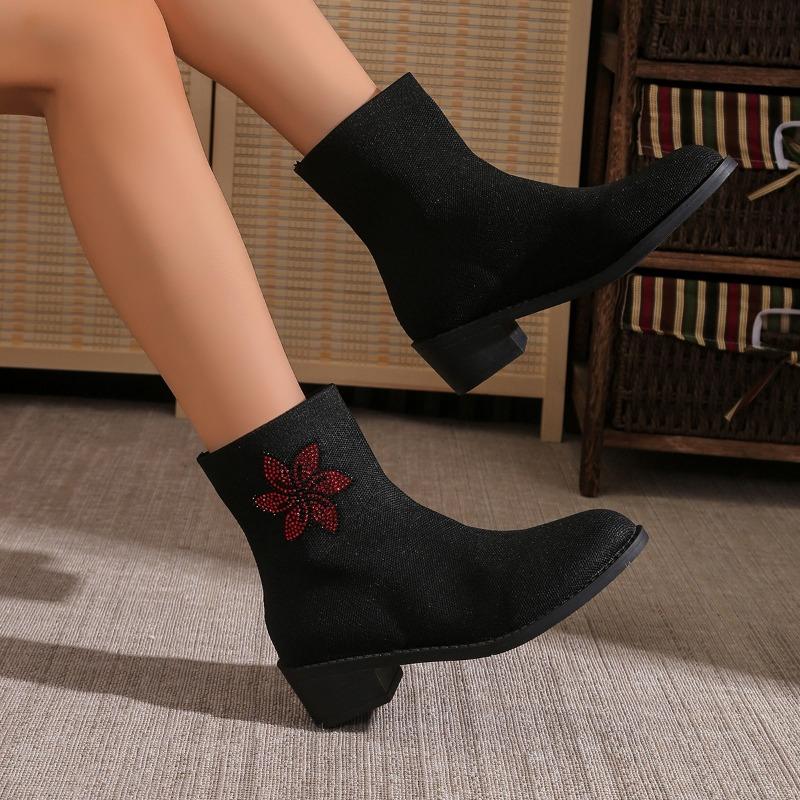 Poloviční podpatek Kulatá špička Čtvercový podpatek Moderní kotníkové boty Jaro/podzim Dámská obuv ve výprodeji 2024 Nové Jednobarevné Květinové Dámské boty