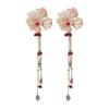 1 Pair Drop Earrings Bright Color Fabric Flower Rhinestones Tassel