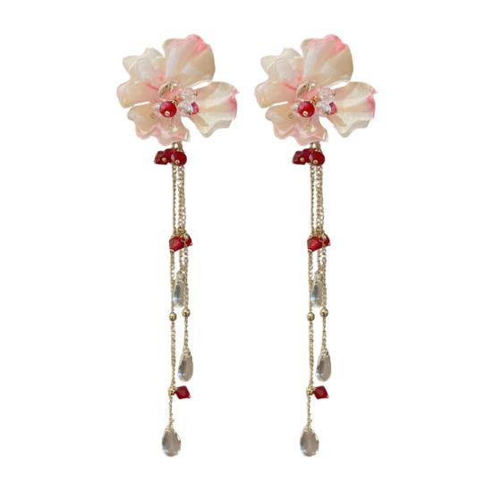 1 Pair Drop Earrings Bright Color Fabric Flower Rhinestones Tassel Long Earrings Holiday Statement Earrings
