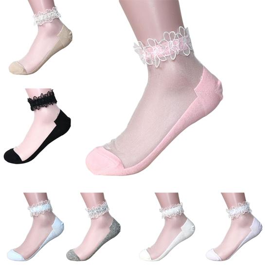 Women Fashion Ultrathin Transparent Beautiful Lace Flower Elastic Short Socks