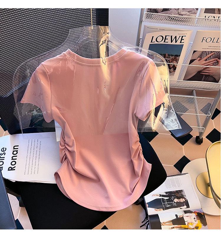 Women's Summer 2024 Ruched Waist Irregular Short Sleeve Round Neck T-Shirt