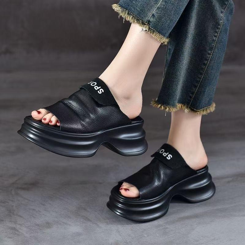 Muffin Bottom Soft Bottom Thick Bottom Fish Mouth Soft Leather Slippers Women's Summer Light Soft Bottom Fish Mouth Retro Outer Wear Sandals