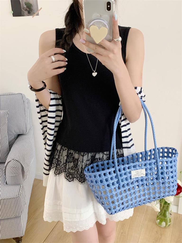 Frühling/Sommer 2025 Damen Ärmelloses Layering-Top mit Spitzensaum