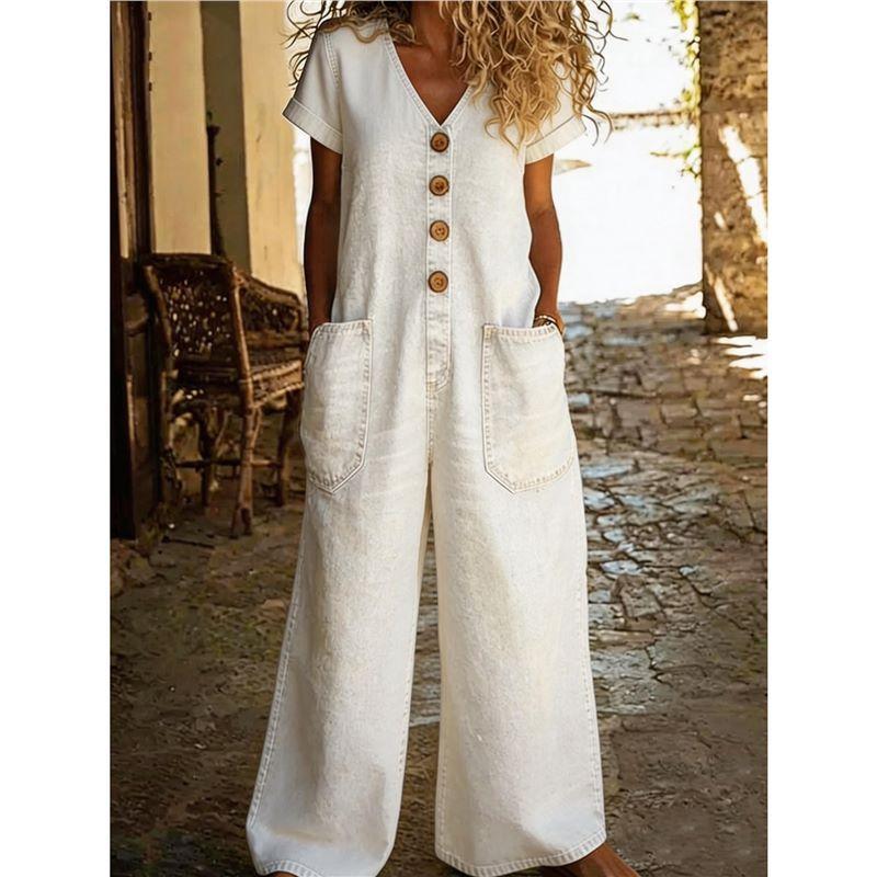 26Y2 Neue Damen Vintage Sommer Knopf Tasche Bequem Kurzarm Lässig Einteiler Weiter Bein Latzhose Kleid