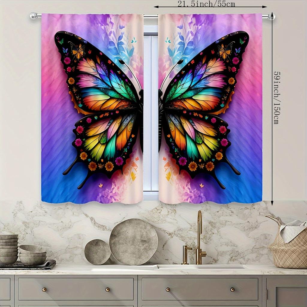 Two Pieces of Semi-Transparent Curtains with a Five-Color Butterfly Print   Suitable for Study   Kitchen   Living Room   Dormitory
