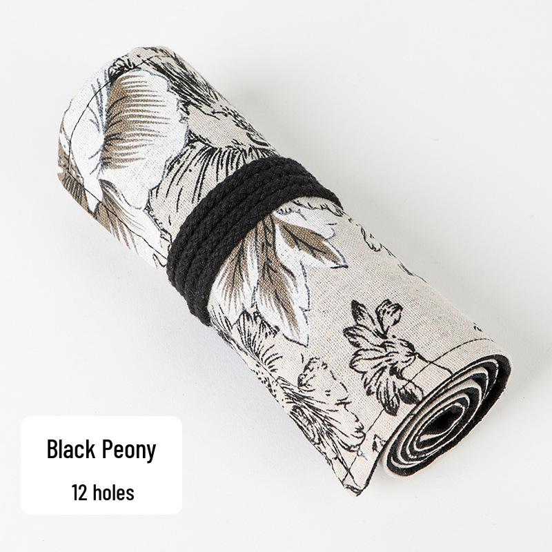

Large Capacity Black Peony & Wind Canvas Pencil Roll - 24/36/48/72 Slots for Colored Pencils
