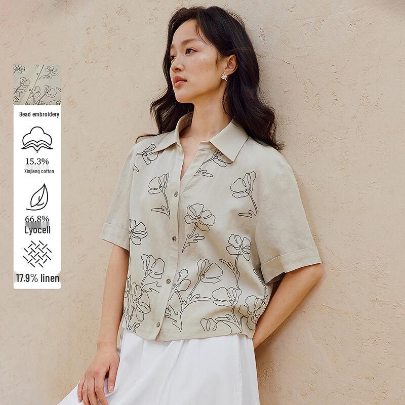 INMAN Women s Contrast Embroidered Lyocell Linen Short Sleeve Blouse M