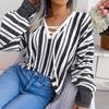 Chic Women Loose Knitted Sweater Winter Fall All Match Tops Balloon Sleeve Contrast Stripe Tie