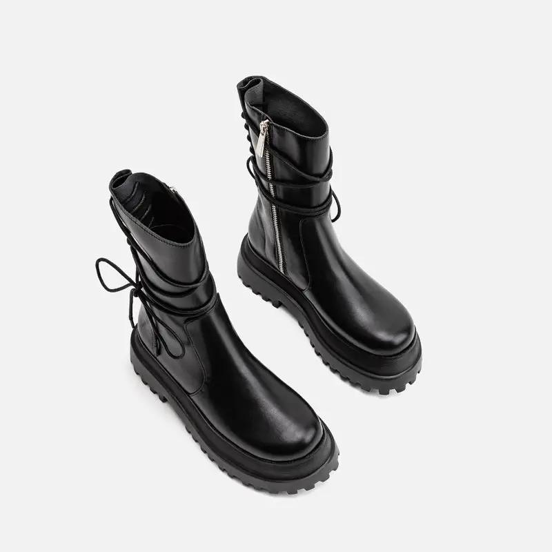 Biker Leather Shoes for Women Mid Calf Footwear Black Ladies Boots Half High Platform Cosplay New In Trend 2025 Chic and Elegant