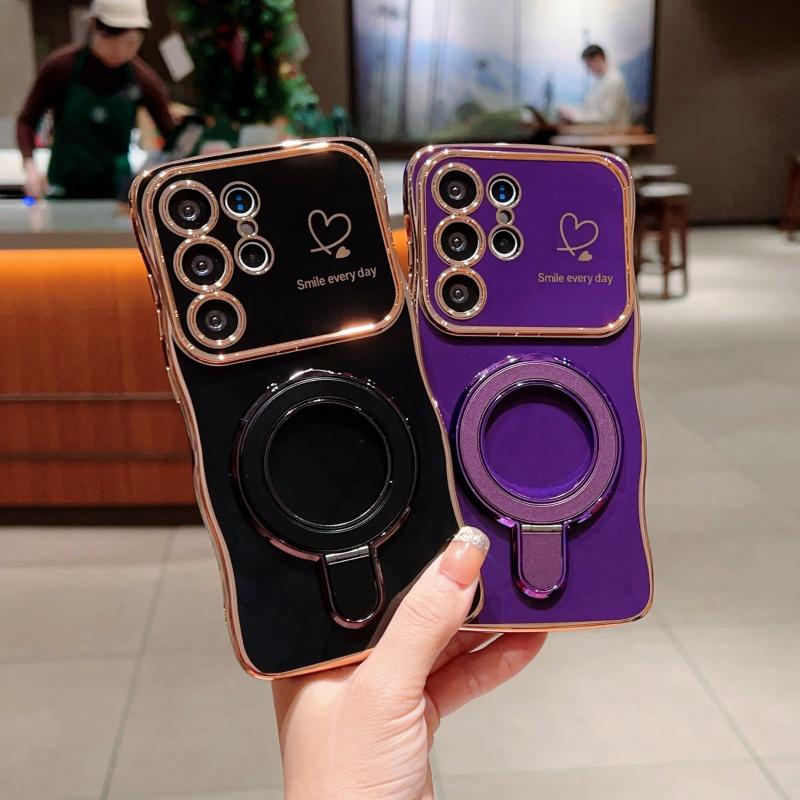 Wave Frame Plating Glossy Phone Case For Samsung Galaxy S25 Ultra S24 FE S23 S22 Plus S21 TPU Soft Shockproof Ring Holder Bracket Back Cover