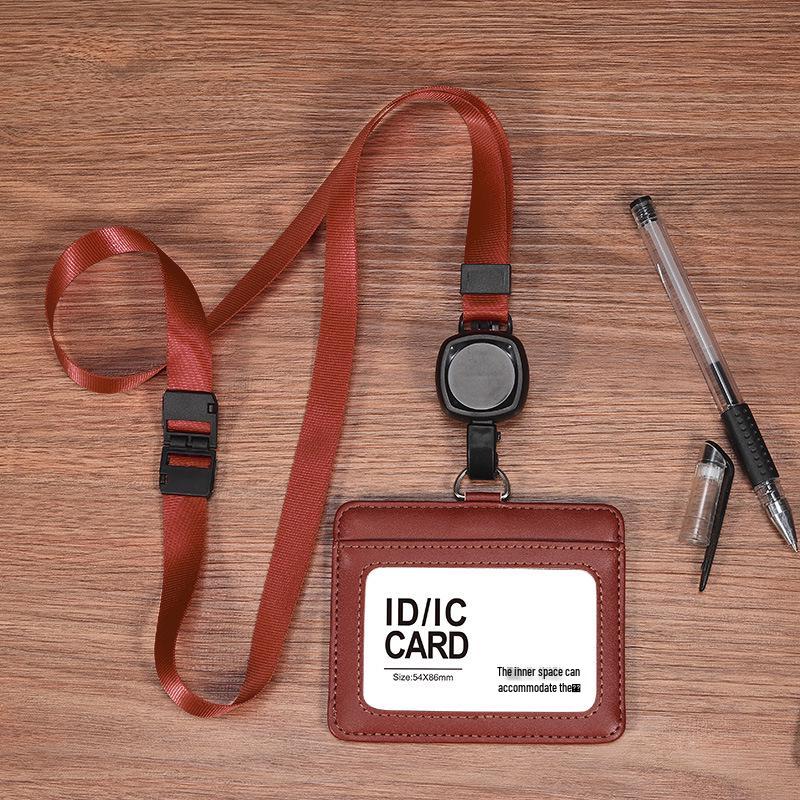 Dual-Use Genuine Leather ID Card Holder with Retractable Lanyard: Horizontal & Vertical Slots for Employee Badge or Exhibition Tag