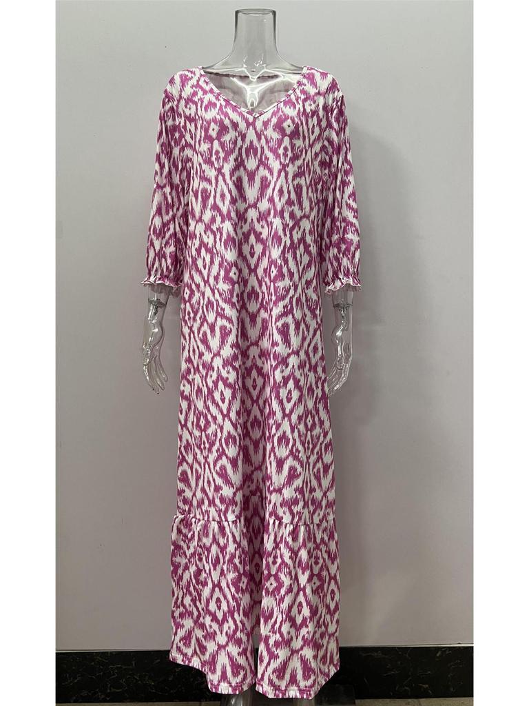 2023 Autumn/Winter European & American Casual V-Neck Printed Mid-Sleeve Dress