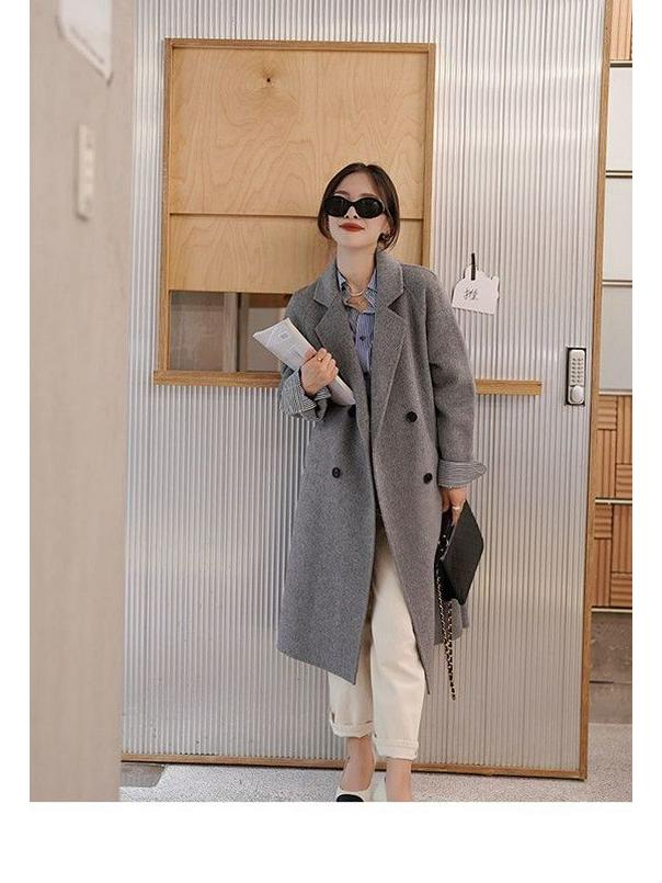 Petite Women's Korean-Style Fleece-Lined Gray Wool Coat for Fall/Winter