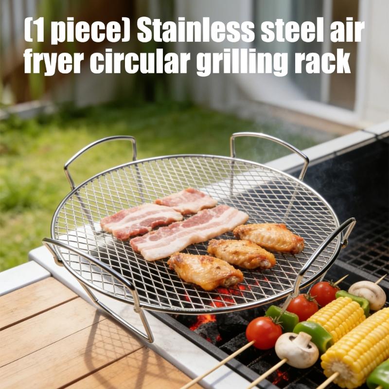 Stainless Steels Round Air Fryers Rack 20Cm Raised Mesh Wire Rack with Side Handle for Grilling, Reheating Food, Greases Draining, and Daily Kitchens