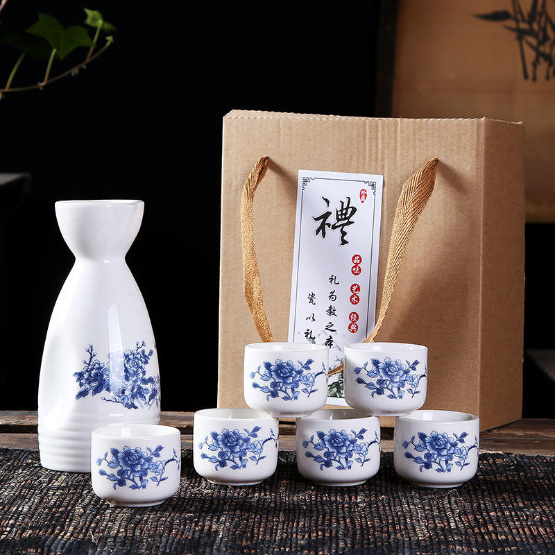 7Pcs Ceramics Japanese Sake Pot Cups Set Flagon Liquor Cup Spirits Hip Flasks Sake White Wine Pot Gifts Home Kitchen Drinkware