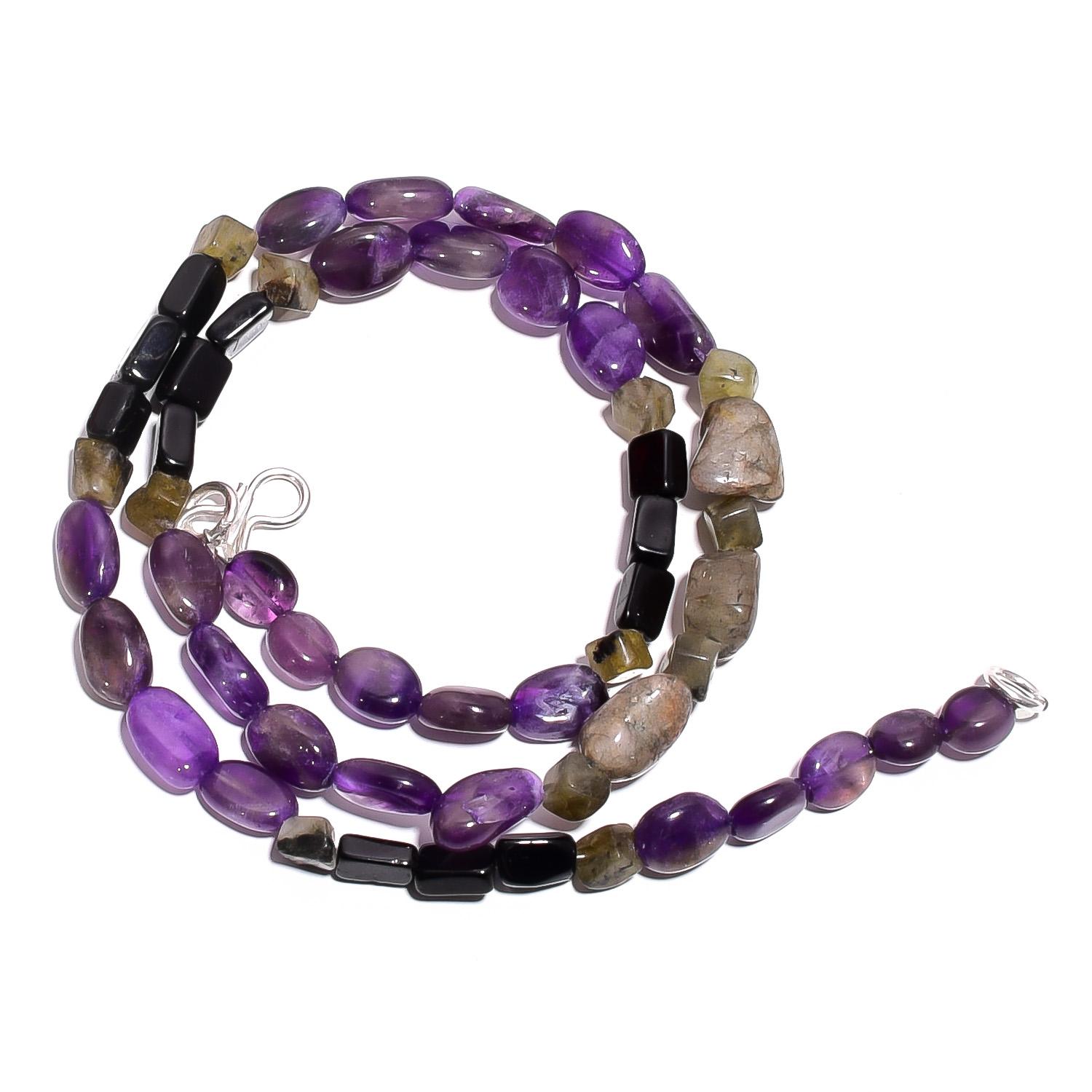 

Natural Labradorite Amethyst Black Onyx Gemstone Beads Necklace 17 UB-5118 UB-5118